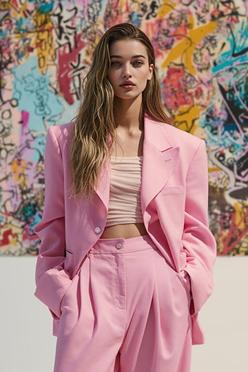 Różowe klapy z klapami Satyna 2-częściowe damskie garnitury na studniówkę z kieszeniami